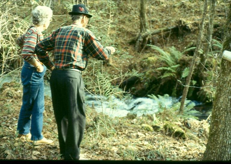 Solon and Martha Dixon looking at a flowing creek