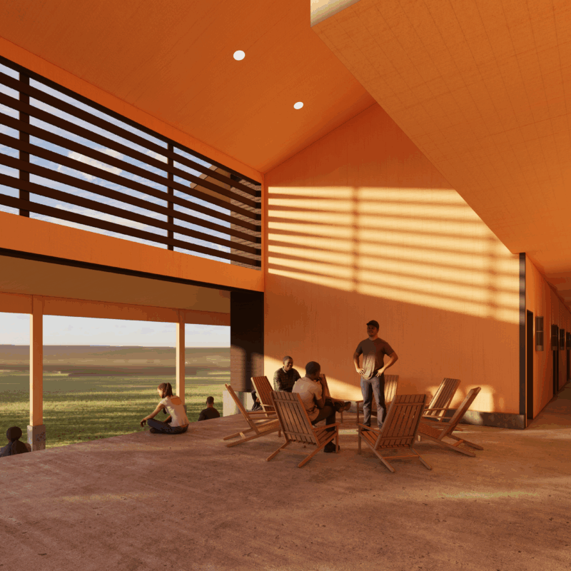 interior porch of dorm showing students gathering